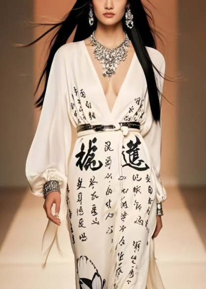 Simple White Print Side Open Draping Chiffon Holiday Dress Spring