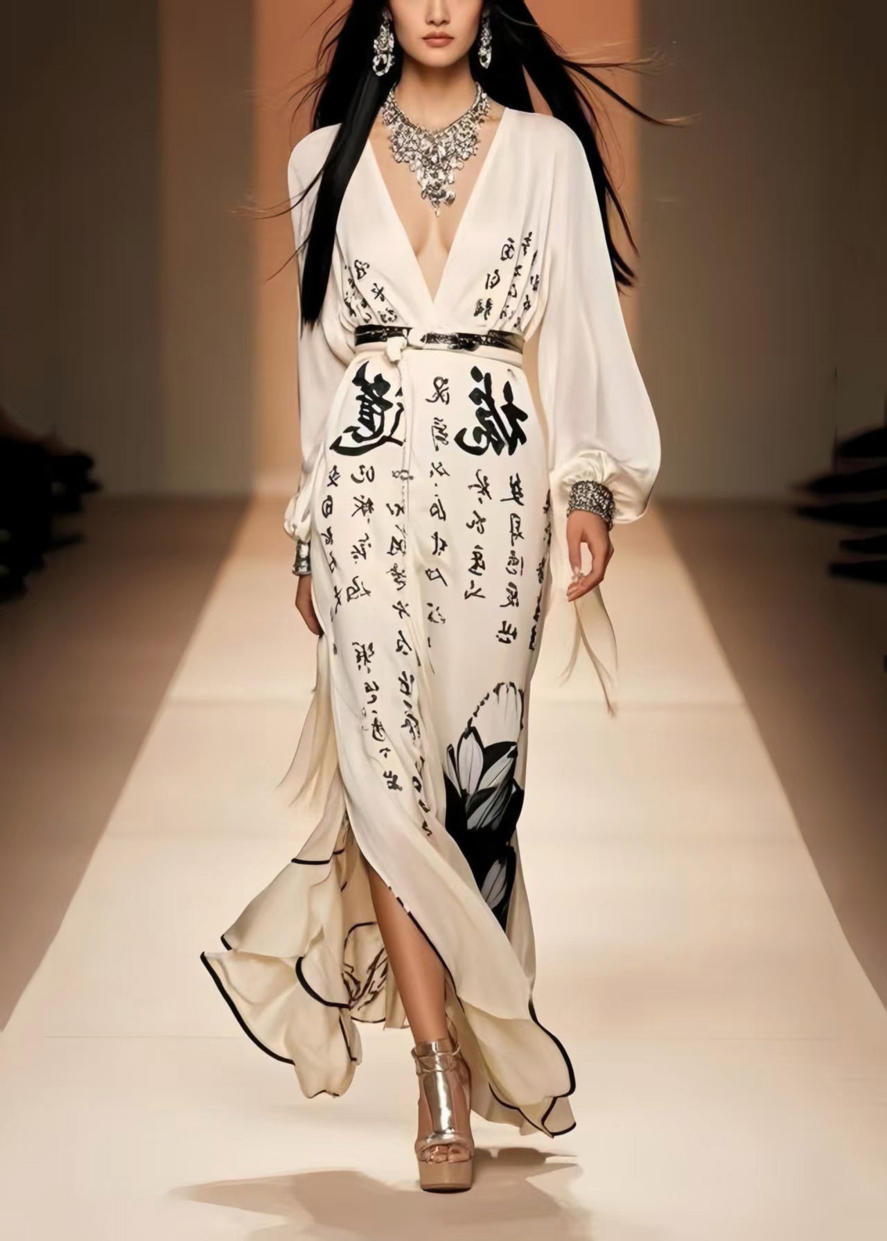 Simple White Print Side Open Draping Chiffon Holiday Dress Spring