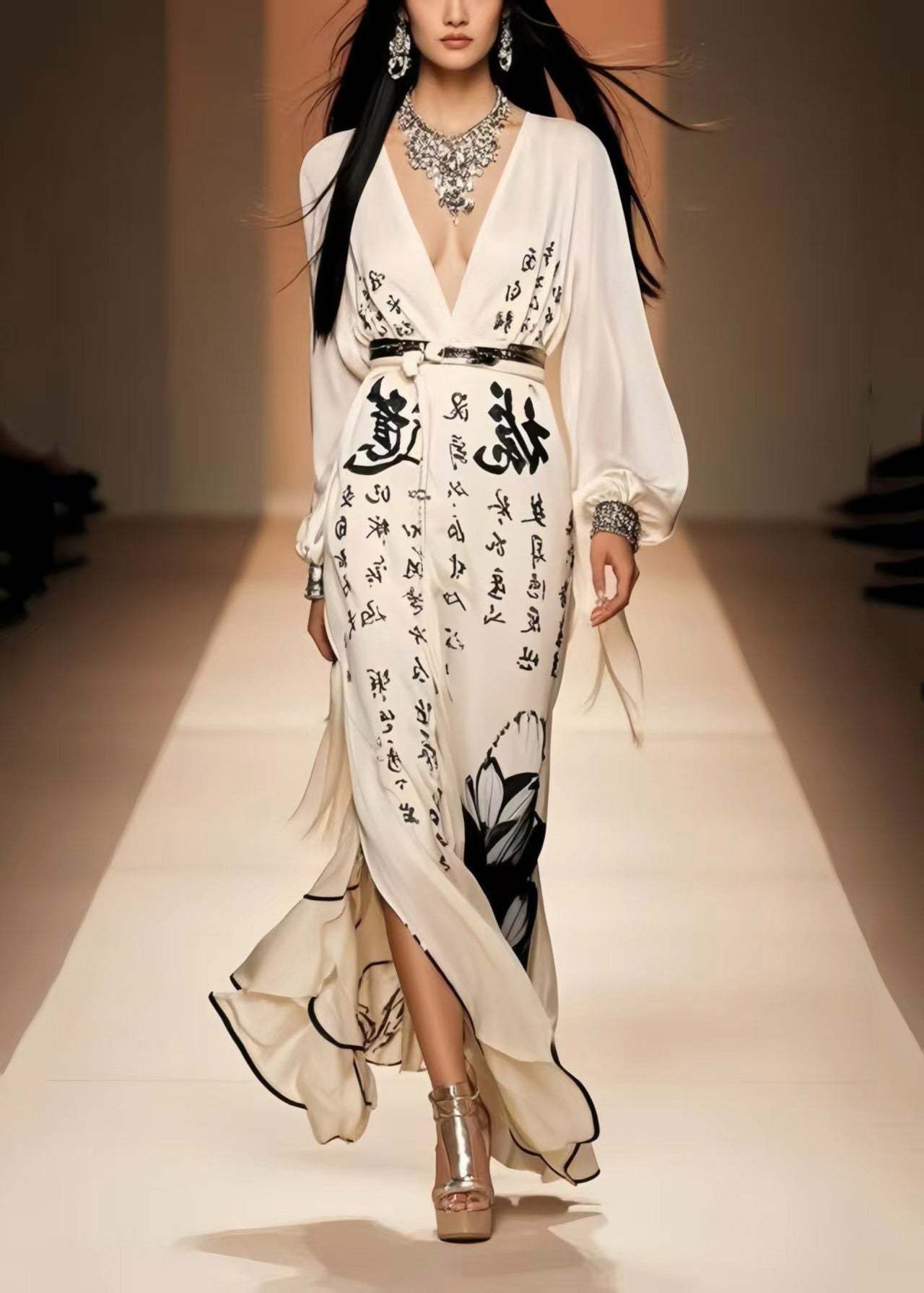 Simple White Print Side Open Draping Chiffon Holiday Dress Spring