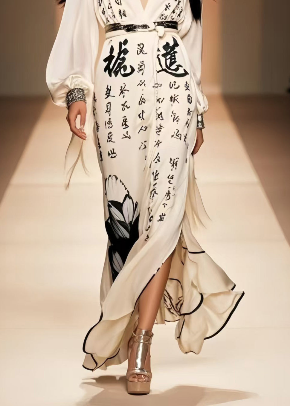 Simple White Print Side Open Draping Chiffon Holiday Dress Spring