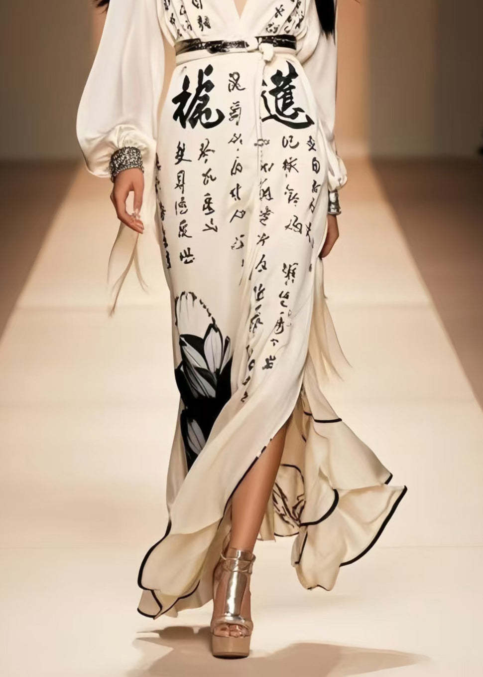 Simple White Print Side Open Draping Chiffon Holiday Dress Spring