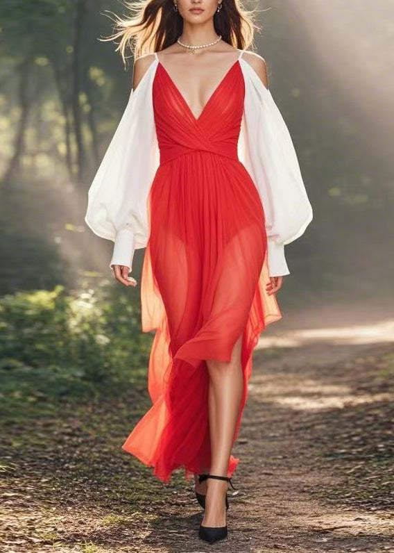 Style Colorblock Cold Shoulder Patchwork Chiffon Dresses Lantern Sleev