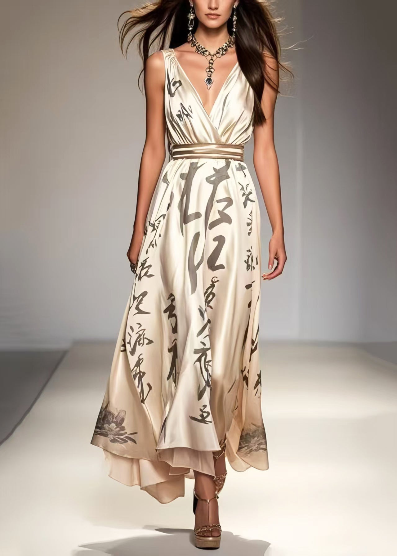 Unique Apricot Cinched Print Silk Holiday Dress Sleeveless