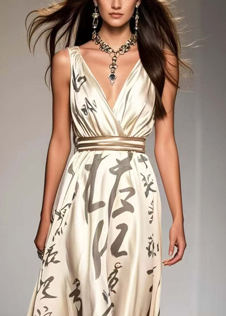 Unique Apricot Cinched Print Silk Holiday Dress Sleeveless