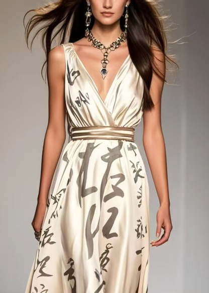 Unique Apricot Cinched Print Silk Holiday Dress Sleeveless