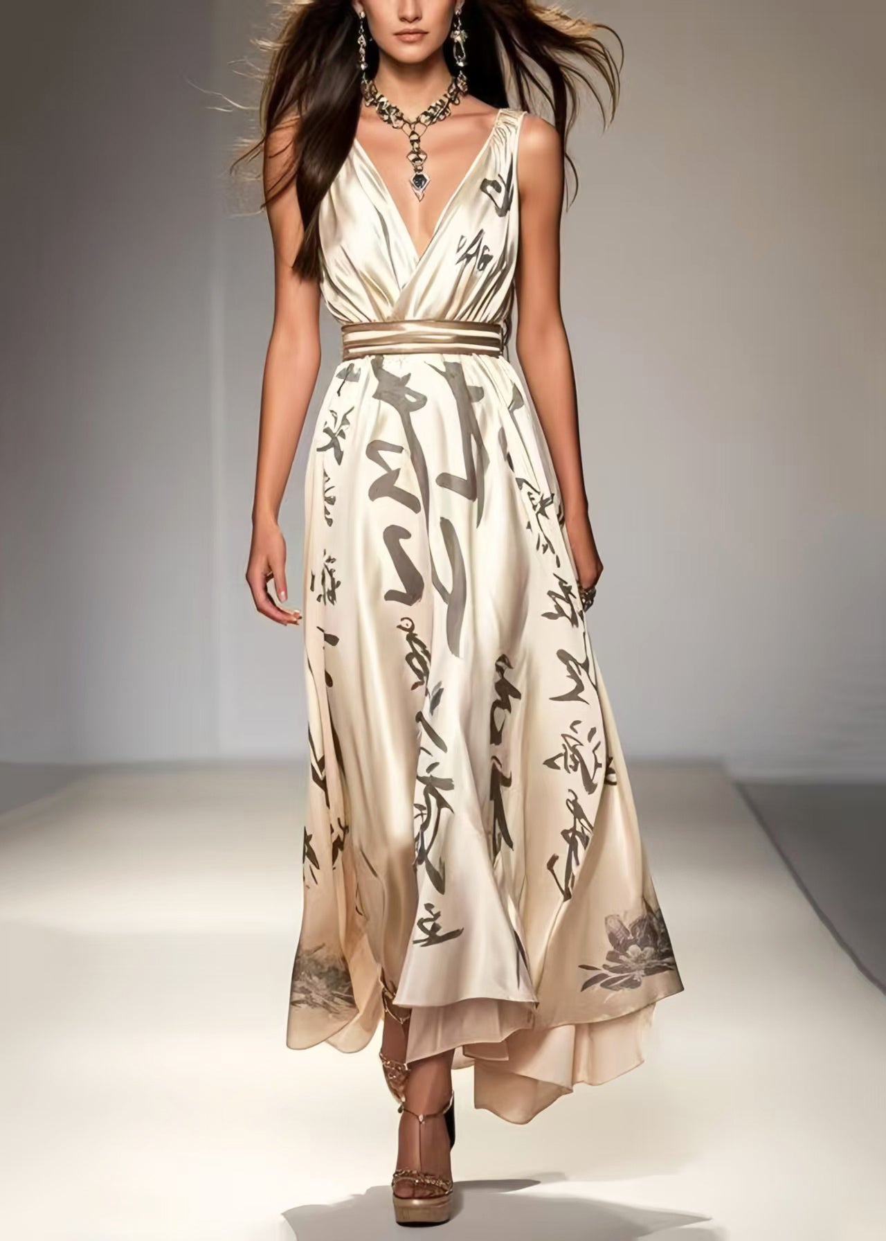 Unique Apricot Cinched Print Silk Holiday Dress Sleeveless