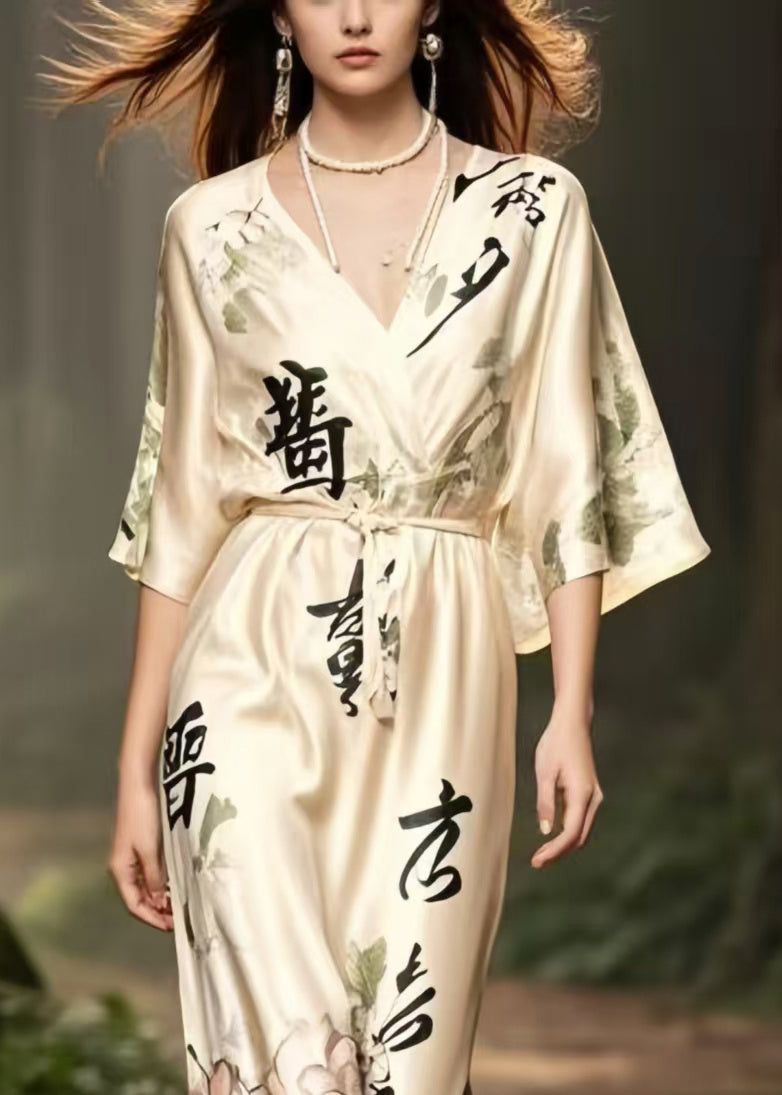 Vintage Apricot V Neck Print Draping Silk Long Dress Summer