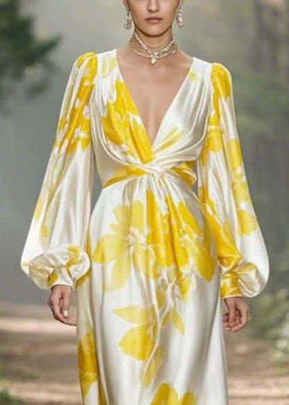 Yellow Print High Waist Silk Maxi Dress V Neck Spring