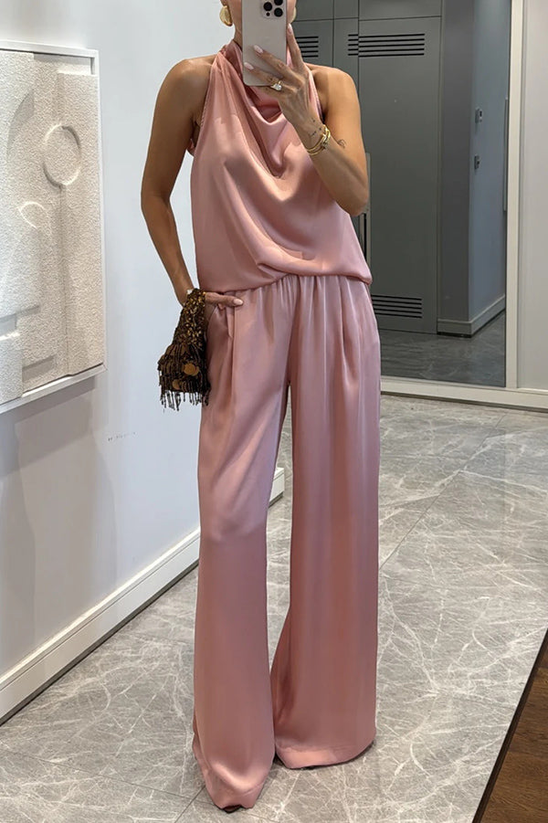 Classic on You Satin High Cowl Neck Top and Elastic Waist Pocket Loose Pants Set