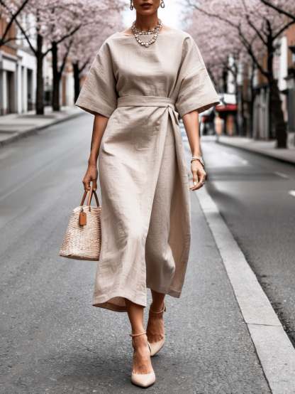 Linen Boat Neck Tie Loose Dress