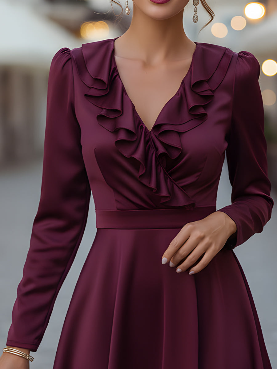 Satin Ruffled V-Neck A-Line Dress