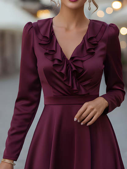 Satin Ruffled V-Neck A-Line Dress