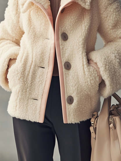 Cream Shearling Jacket With Pink Trim And Pocket