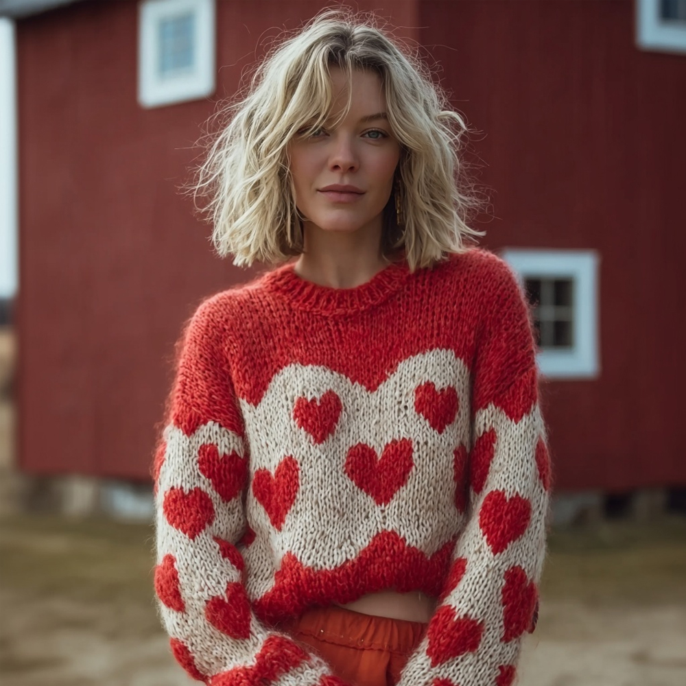Vintage Valentine's Day Hearts Pattern Cozy Knit Sweater