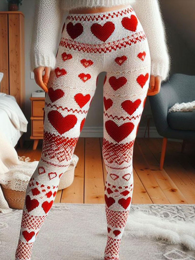 Vintage Valentine Heart Crochet Cozy Knit Leggings