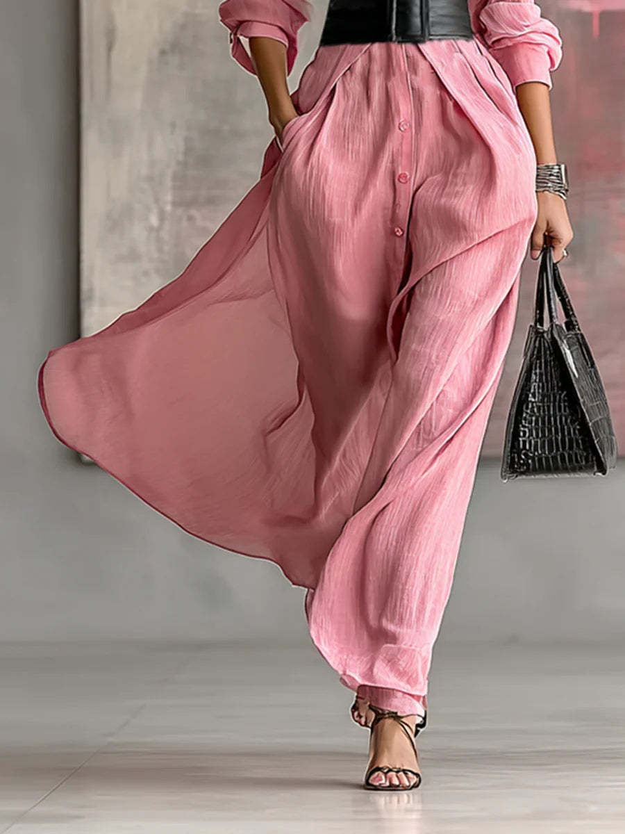 Pink Lapel Long-sleeved Single-breasted Tie-down Maxi Shirt Dress