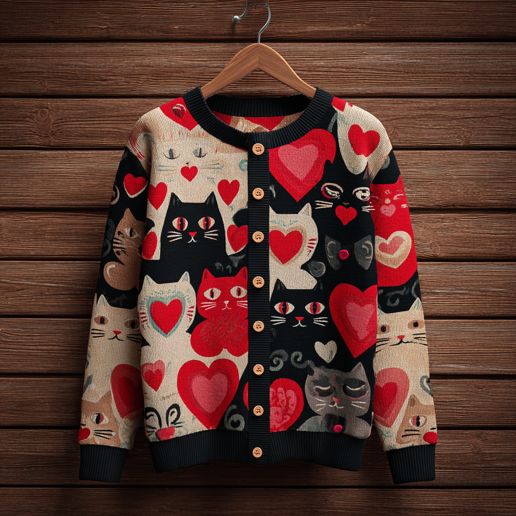 Valentine's Day Fun Cat Pattern Women's Round Neck Knit Sweater Coat