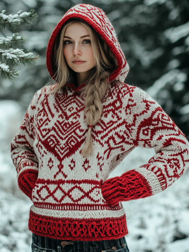 Women's Vintage Viking Valentine's Day Love Jacquard Hooded Sweater