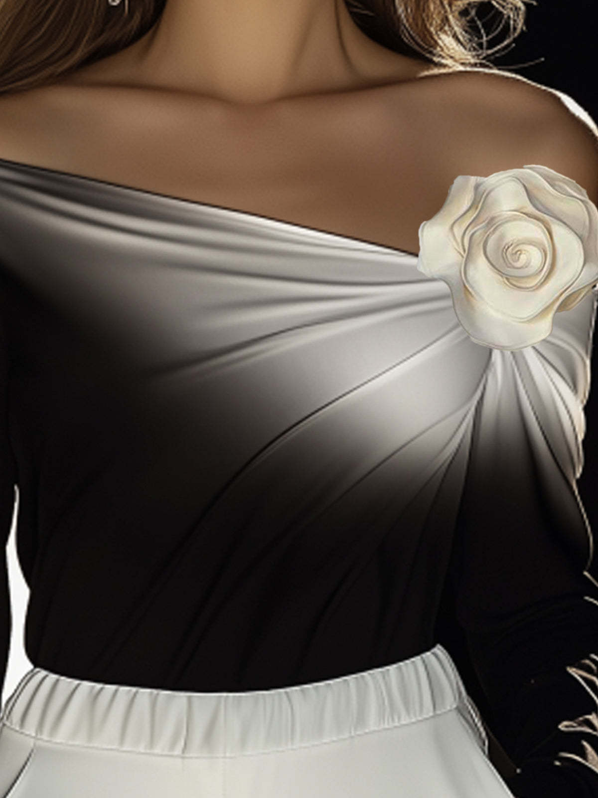 Shipping One-Shoulder Gradient Long-Sleeve T-Shirt With 3D Floral Embellishments