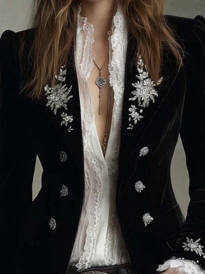 Vintage Embroidered Puff Sleeves Velvet Lapels Blzaer