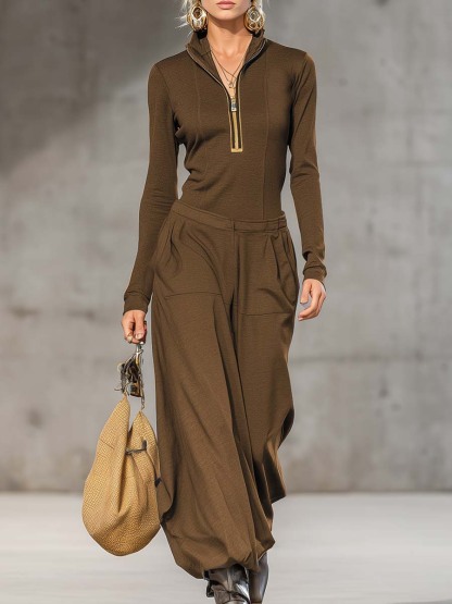 Half-mocked zip-up top and wide-leg pants set