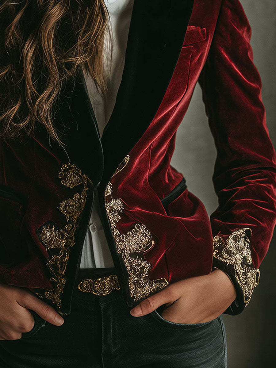 Elegant Black Collar Gold Luxury Embroidered Velvet Blazer