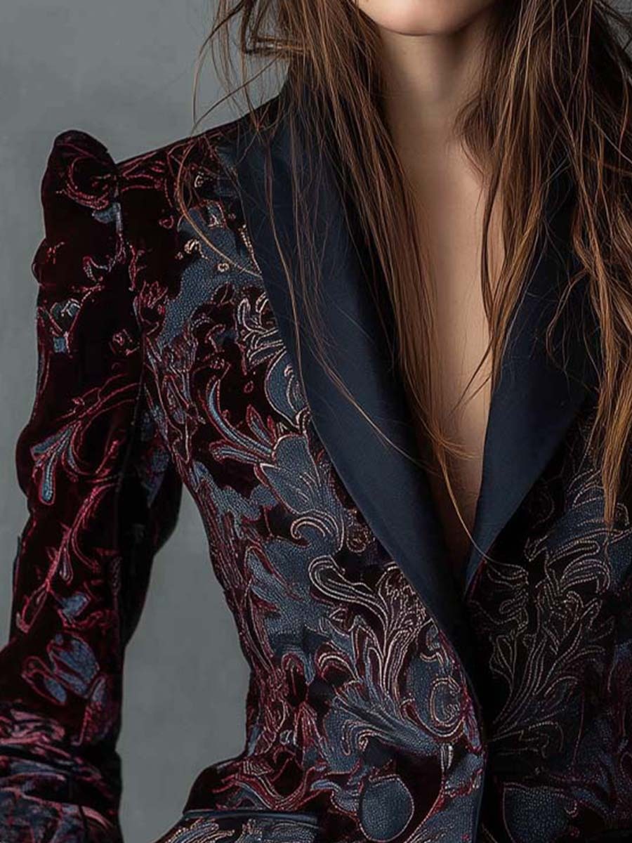 Baroque Pattern Polyester Velvet Print Blazer