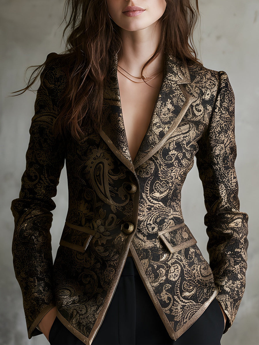 Quiet Luxury Paisley Jacquard Wrapped Lapels Fitted Blazer