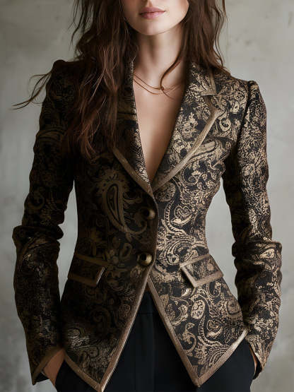 Quiet Luxury Paisley Jacquard Wrapped Lapels Fitted Blazer