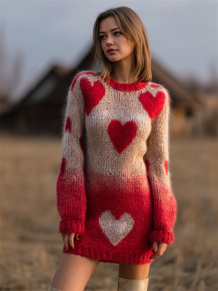 Valentine's Day Hearts Contrast Gradient Cozy Knit Sweater Dress