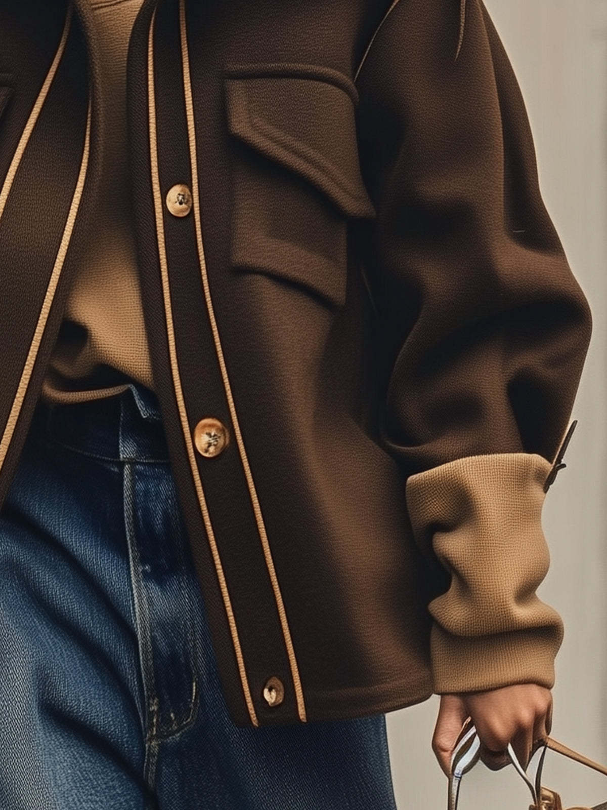 Chocolate Utility Jacket With Khaki Trim