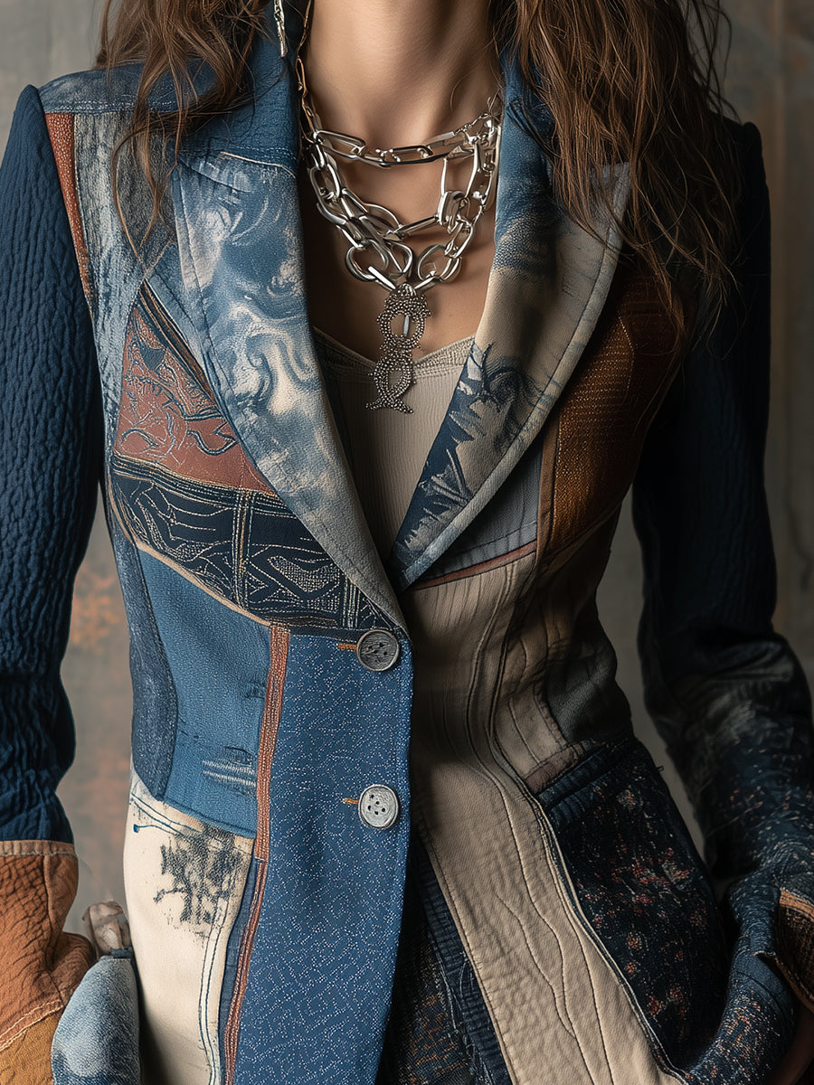 Nomadic Bohemian Style Retro Graphic Patchwork Lapel Blazer