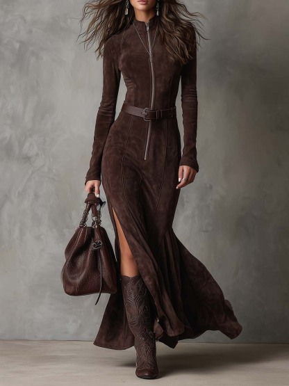 Vintage Brown Zipper Belted Maxi Dress