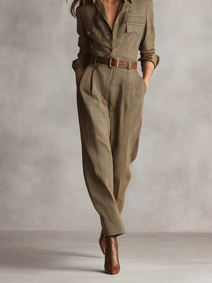 Brown Sophisticated Tweed Texture Plaid Utility Jumpsuit