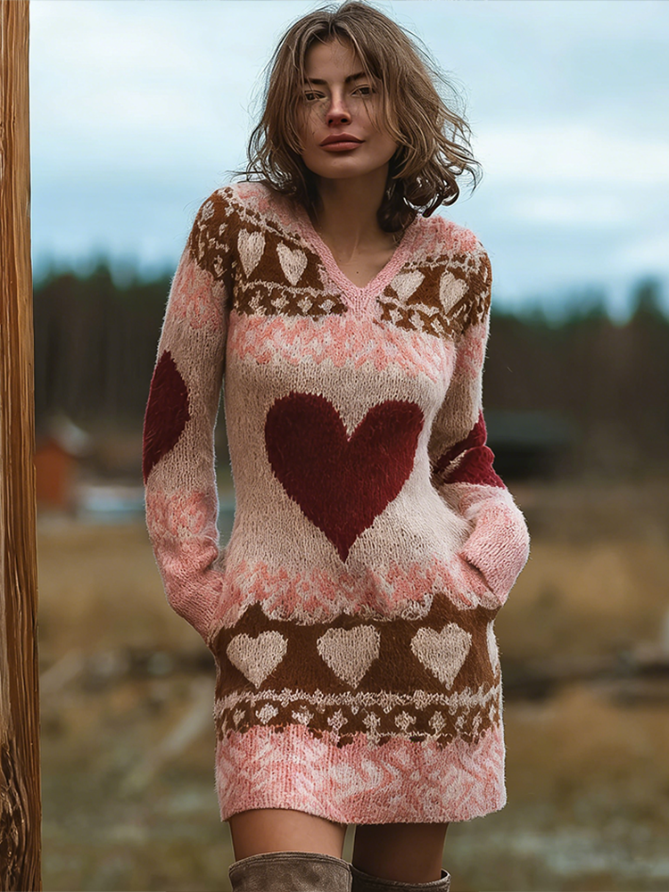 Valentine's Day Love Heart Pattern Women's V-neck Sweater Dress