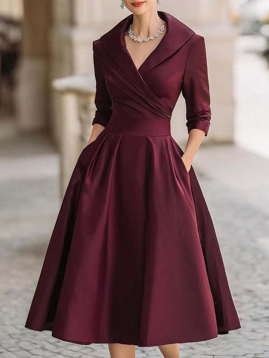 Vintage-Inspired Satin Midi Dress With Draped Collar