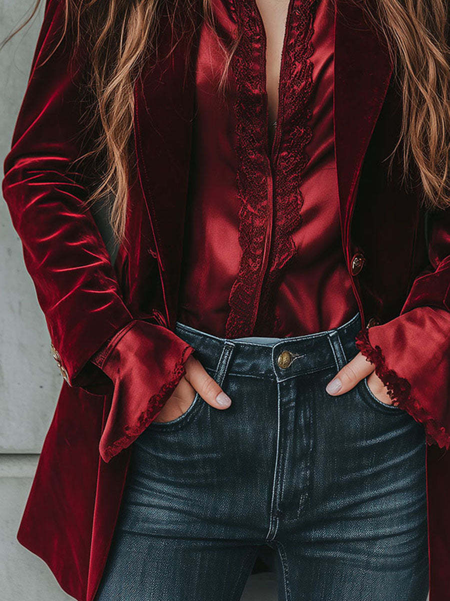 Vintage Longline Burgundy Velvet Blazer
