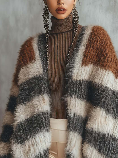 Colorblock Striped Furry Knit Cardigan