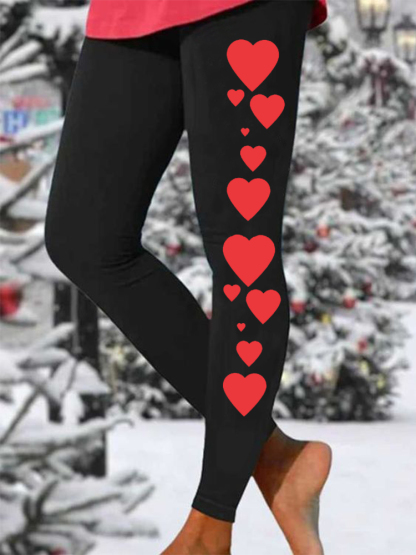 Red Heart Print Casual Leggings