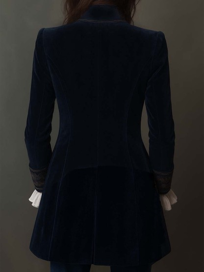 Vintage Navy Velvet Embroidered Long Jacket
