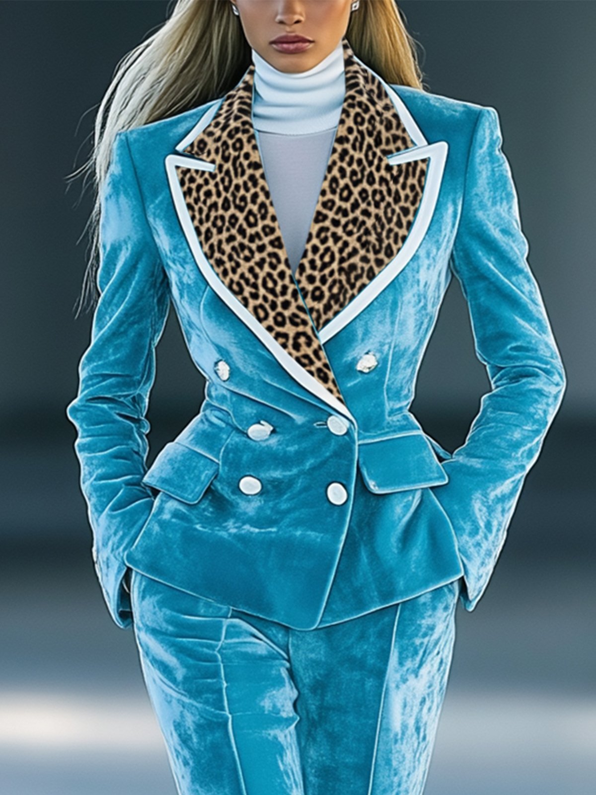 Shipping Stylish Blue Velvet Suit With Leopard Print Lapel