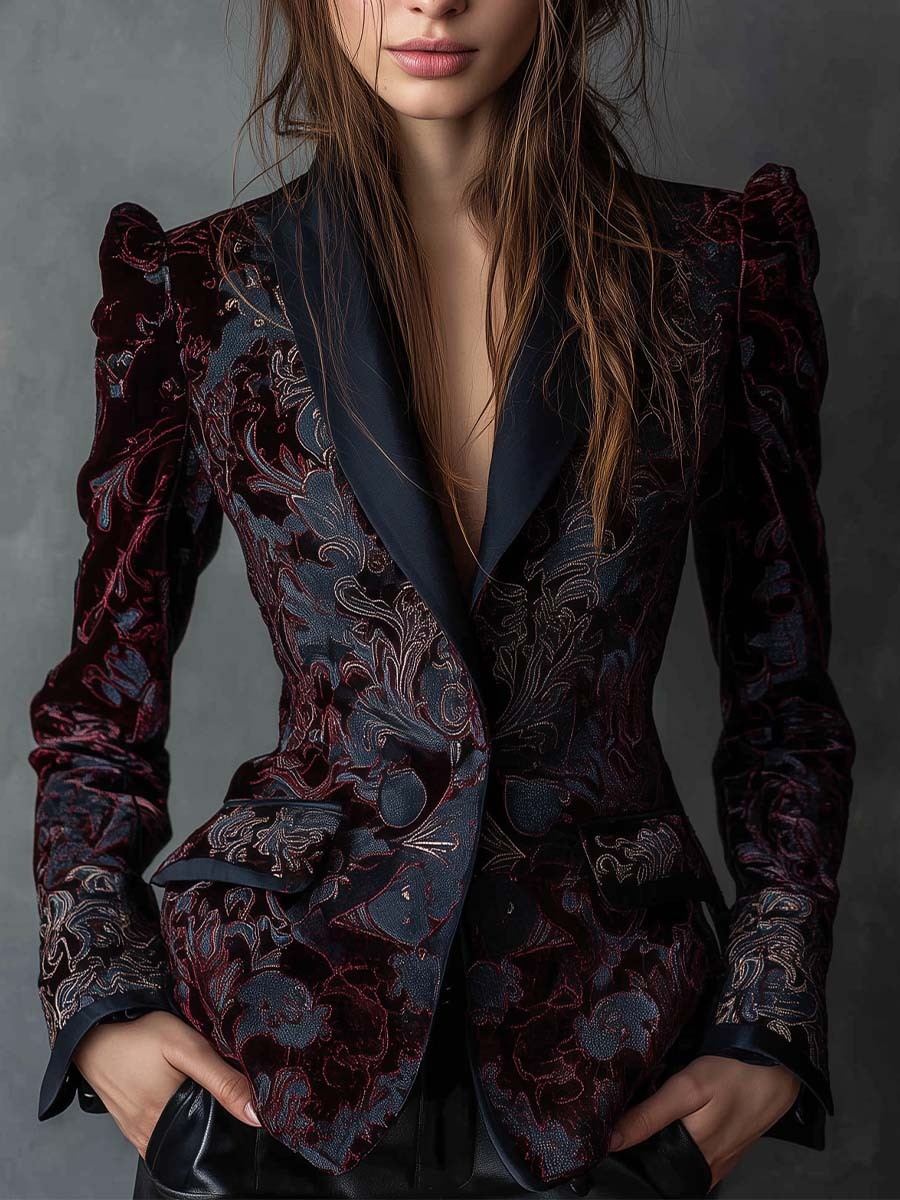 Baroque Pattern Polyester Velvet Print Blazer