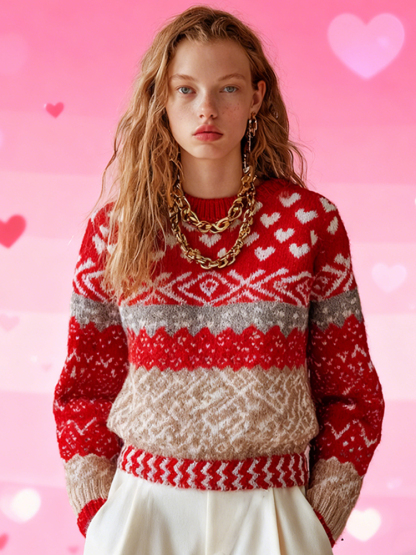 Women's Valentine's Day Heart Pattern Comfortable And Warm Knit Sweater