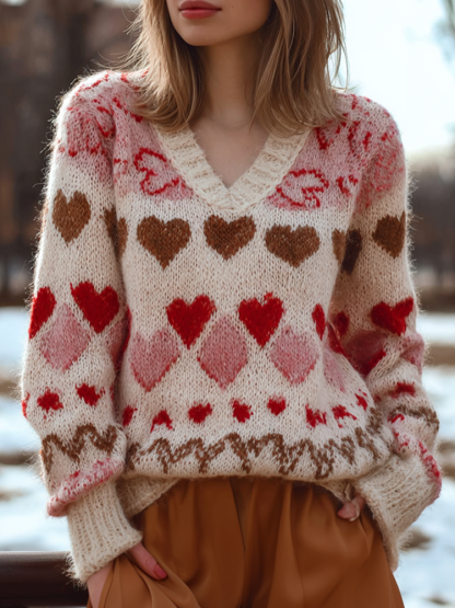 Valentine's Day Love Heart Pattern Women's V-neck Sweater