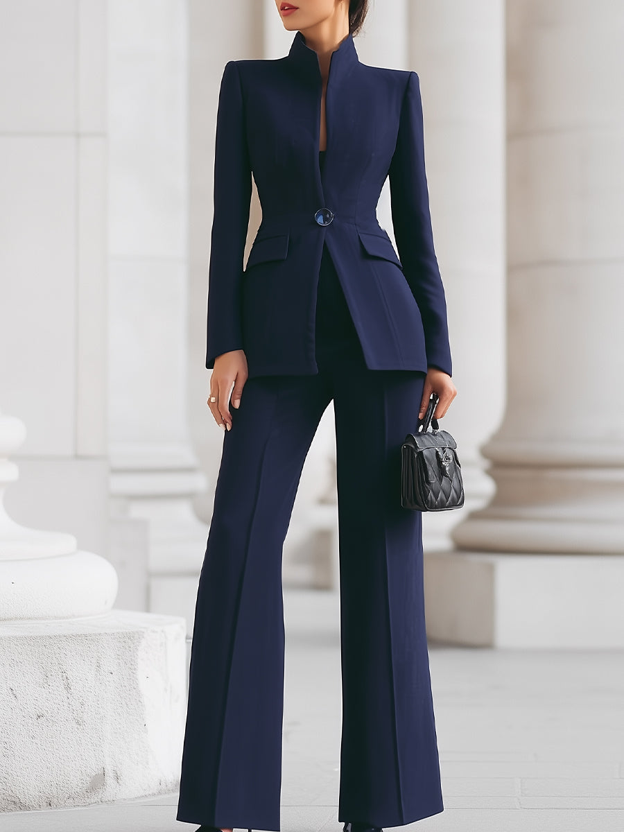 Sophisticated Navy High-Collar Blazer & Wide-Leg Trousers Set