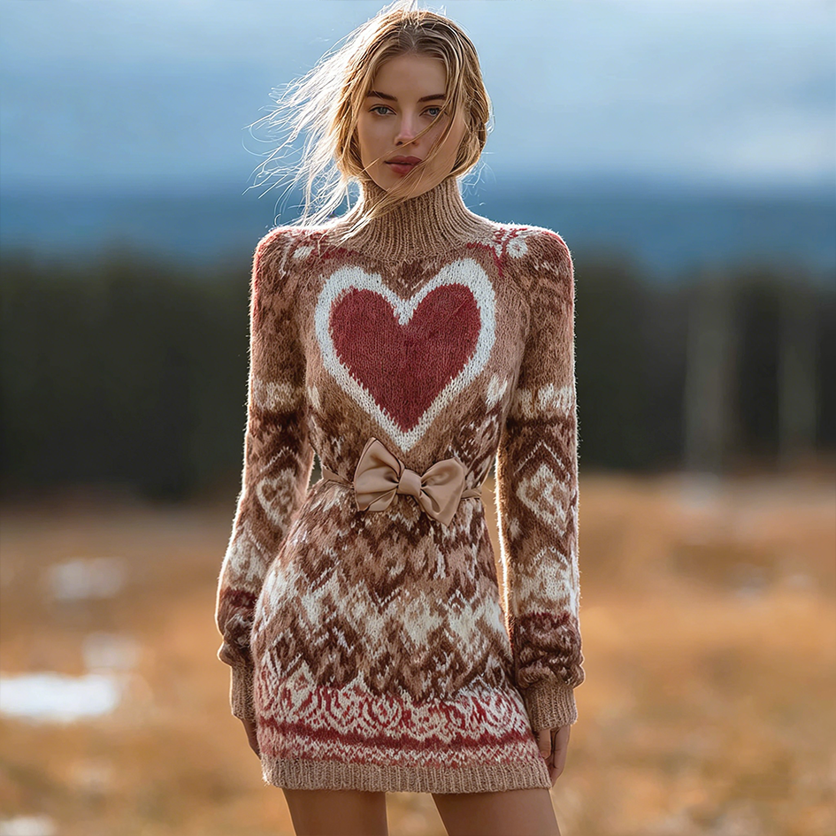 Valentine's Day Love Heart Pattern Women's High Neck Sweater Dress
