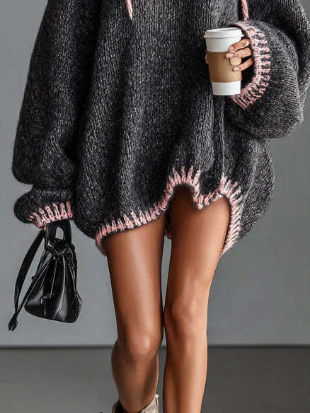 Loose-fitting hooded pink-trimmed knitted mini dress