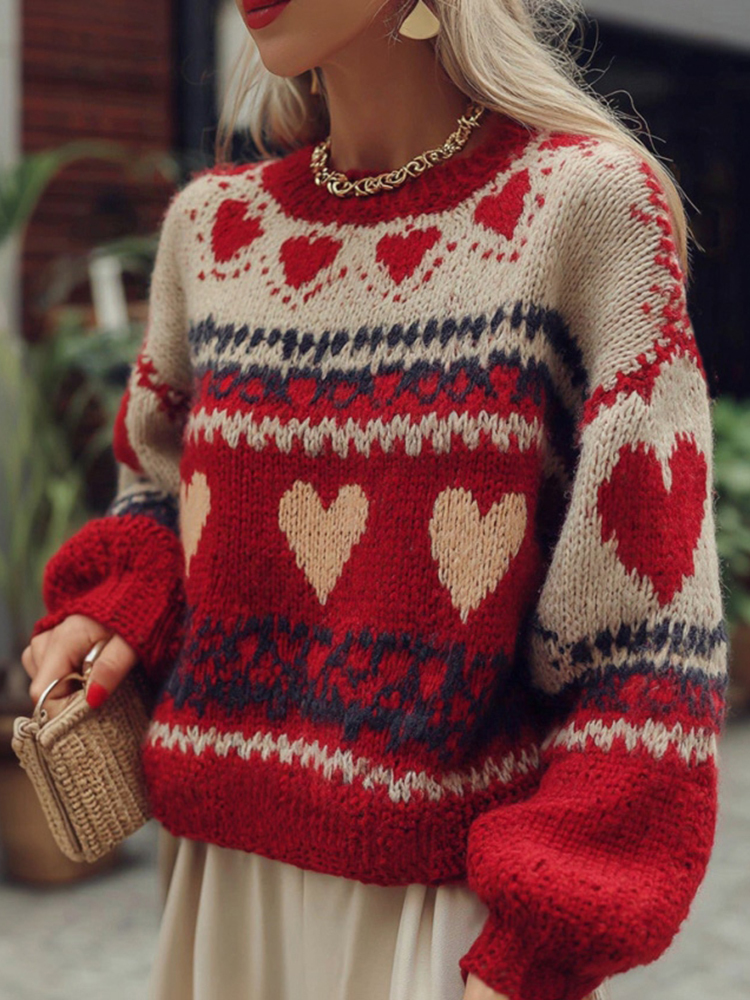 Women's Valentine's Day Heart Pattern Comfortable Knit Sweater