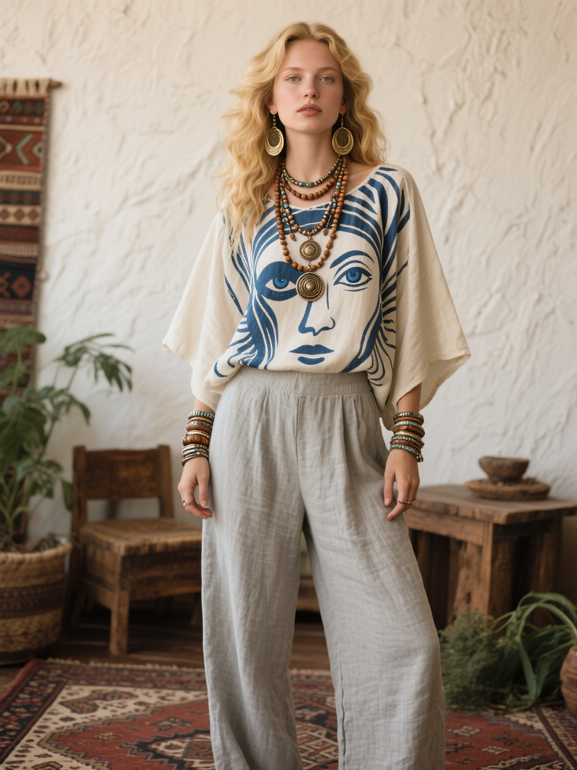 Blue Striped Face Creative Retro Style Loose Set