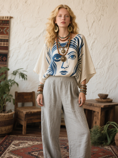 Blue Striped Face Creative Retro Style Loose Set